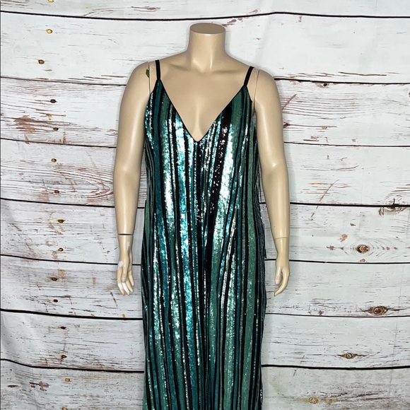 Johnny Wujek x Prom Collection NWT Sz 3X Turquoise Sequin Stripe Maxi Dress Gown - Picture 2 of 6